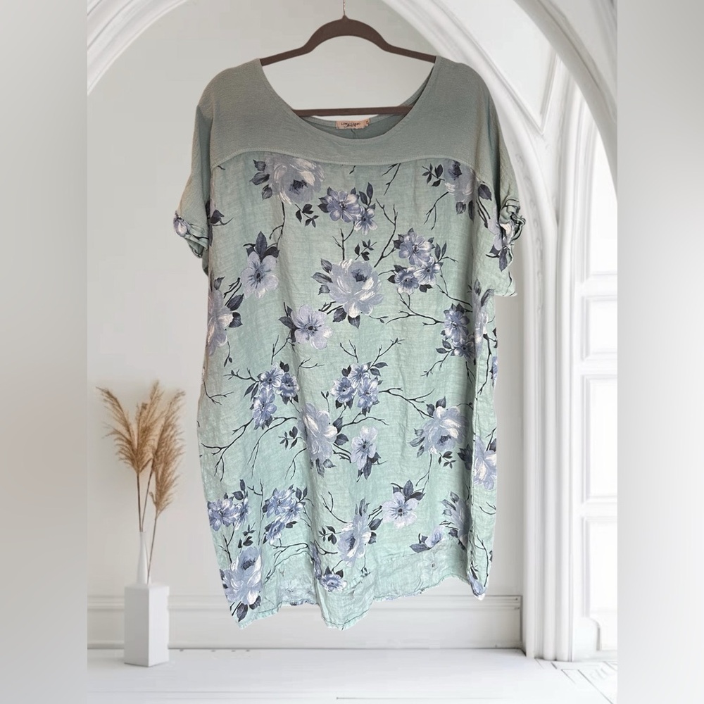 LUNGO L’ARNO Linen Floral Seafoam Green Shift Dress Tunic Made in Italy 2X‎ - Picture 4 of 12